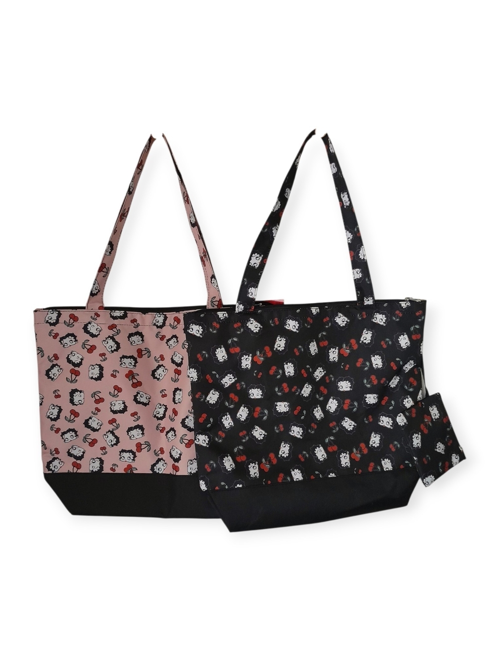 2 Piece Betty Boop Cherry Print Shoulder Tote With Attached Pouch Bag Pink Black - Picture 3 of 10